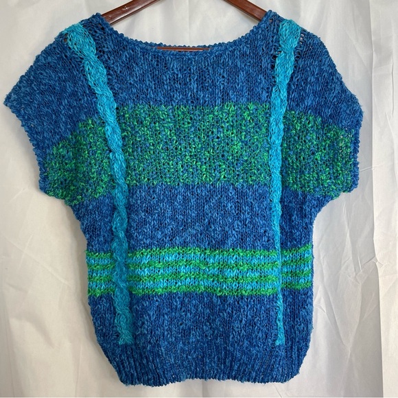 DONAGAIN Women’s Vintage Blue Linen Knit Short Sleeve Sweater Size Medium - Picture 1 of 9